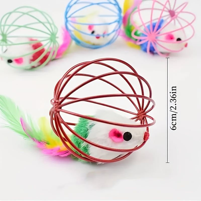Cage Ball Cat Toys with Feathers & Tails – Wire Cage Interactive Toy Set for Cats, Colorful Fake Feather Rattling Ball Toys for Kittens, Durable Fabric Cat Enrichment Toys, No Battery, Multi-Pack Options