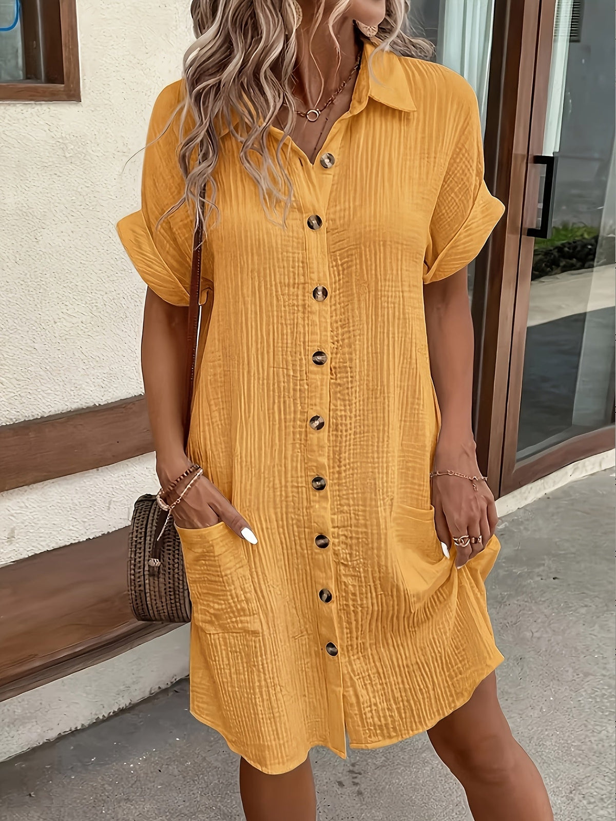 Women's Solid Color Button-Down Shirt Dress – Breathable Lapel Retro Casual Tunic Dress for All Seasons Everyday Wear