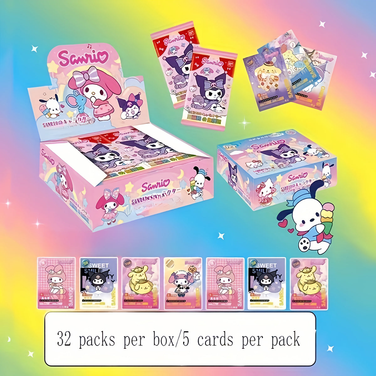 Sanrio Character Collectible Trading Cards - 1 Box 32 Random Packs | Hello Kitty My Melody Kuromi & More, High-Quality Cardstock Fan Gift, Birthday Christmas Present for Girls & Sanrio Fans