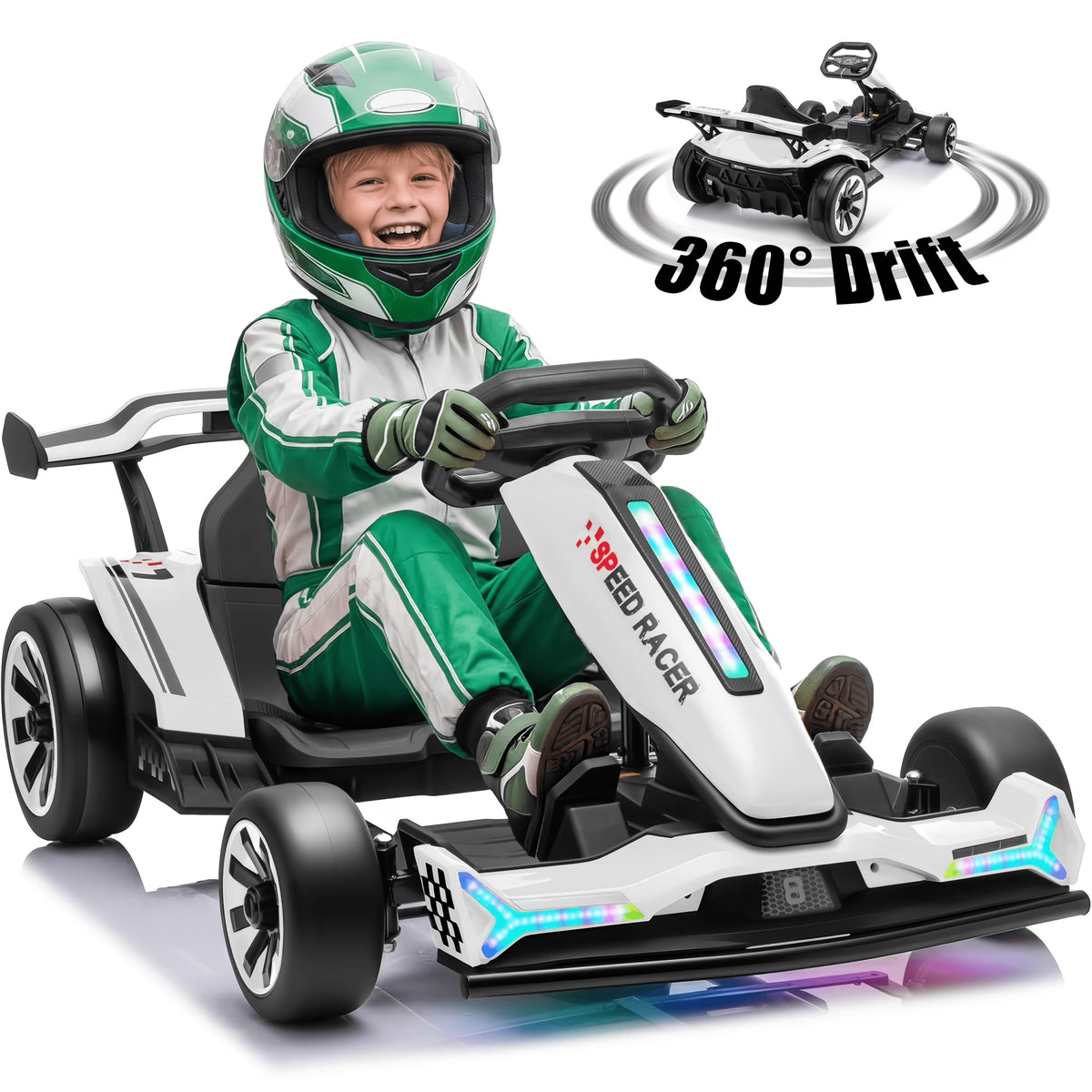 24V Electric Kids Go-Kart Drift Cart, 360 Degree Drift Mode, High Speed Racing with Soft Start, Music, Safety Belt, Metal Frame, Dual Brake for Boys Girls Ages 6 and Up, Birthday Christmas Gift, Black White Red Orange Silver
