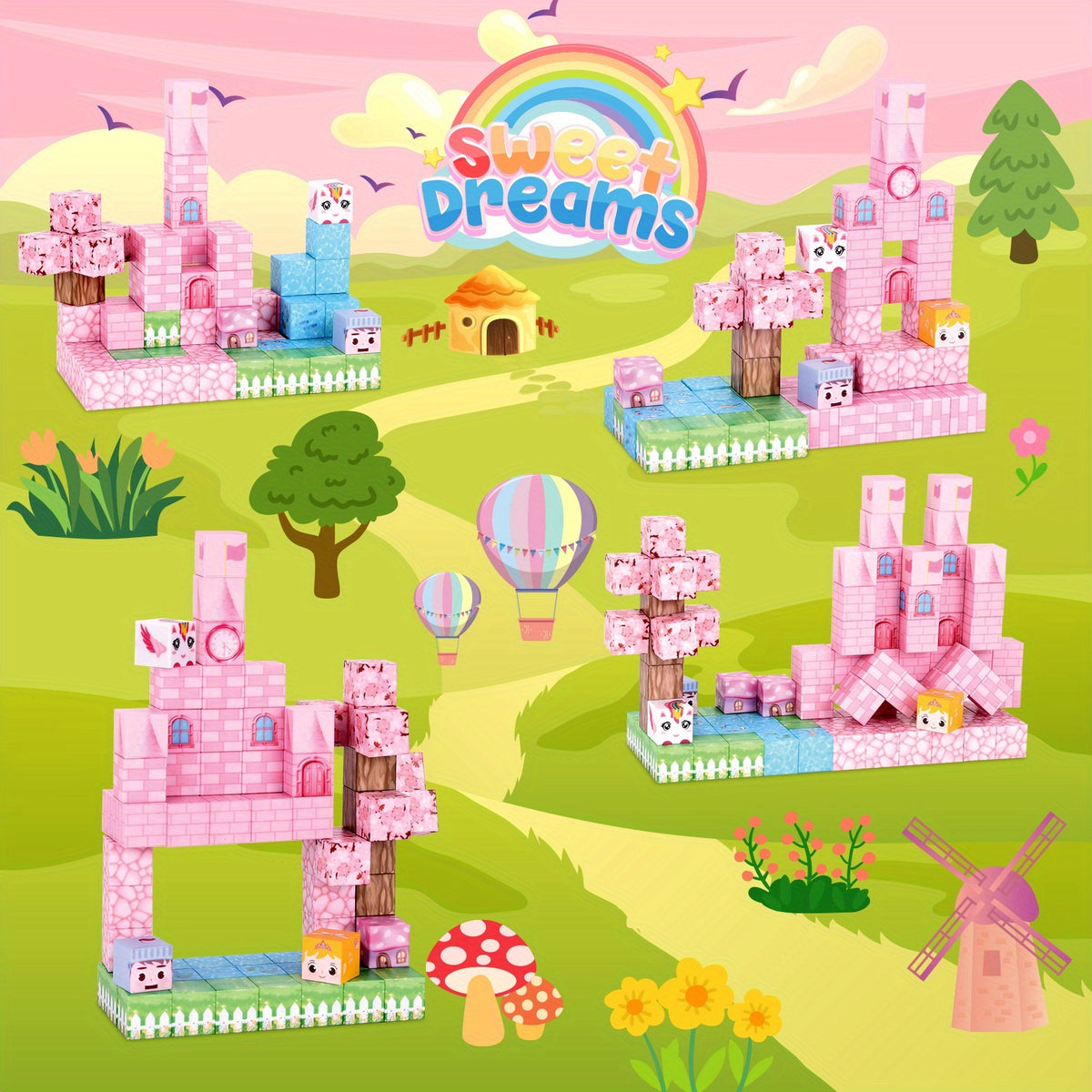 Magnetic Building Blocks 100 Pcs Sakura Snow Castle Kids STEM DIY Construction Toy Creative Educational Magnet Tiles for Children Ages 3+ Birthday Christmas Gift Set Boys Girls Toddlers