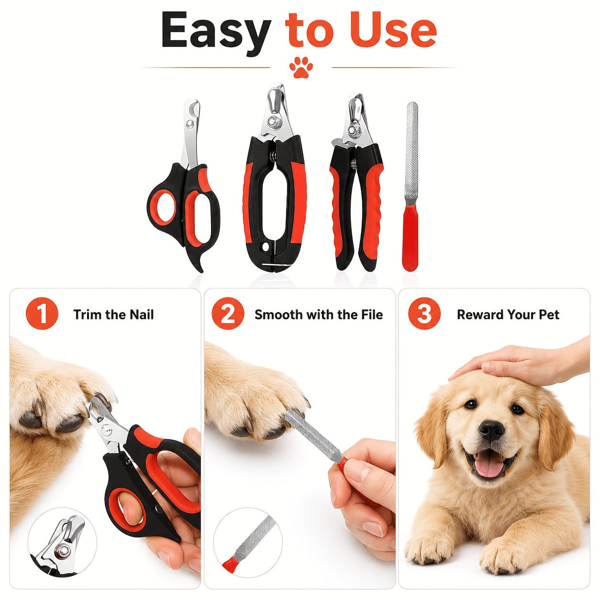 Pet Nail Clipper & Grooming Set 4 Piece - Stainless Steel Dog Cat Nail Trimmer Kit with Large & Small Clippers, Scissors & Nail File, Professional Paw Care Tools for Dogs & Cats