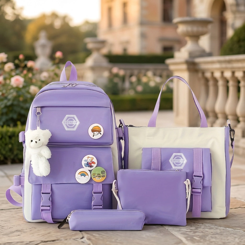 5-Piece Girls School Backpack Set Cute Lightweight Daypack with Tote Bag, Pencil Case & Coin Purse - Durable Student Backpack for School, Hiking & Casual Use