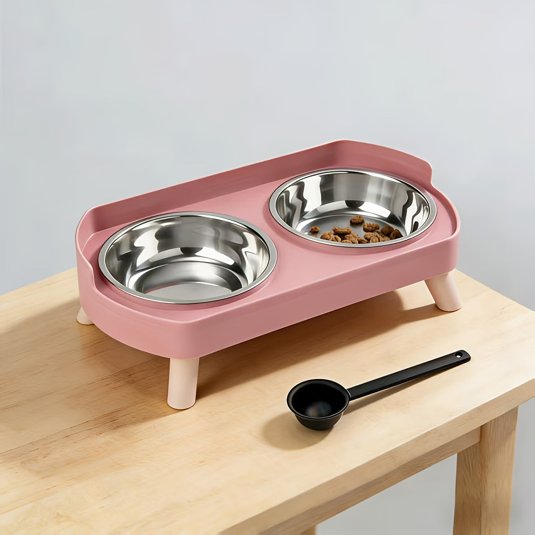 Elevated Cat Bowls Raised Stainless Steel - Double Cat Food and Water Bowl Set, Anti-Vomit Neck Protection, Non-Slip Feeder Stand, Splash-Proof Dishwasher Safe, Includes 2 Bowls & Pet Food Scoop for Indoor Cats