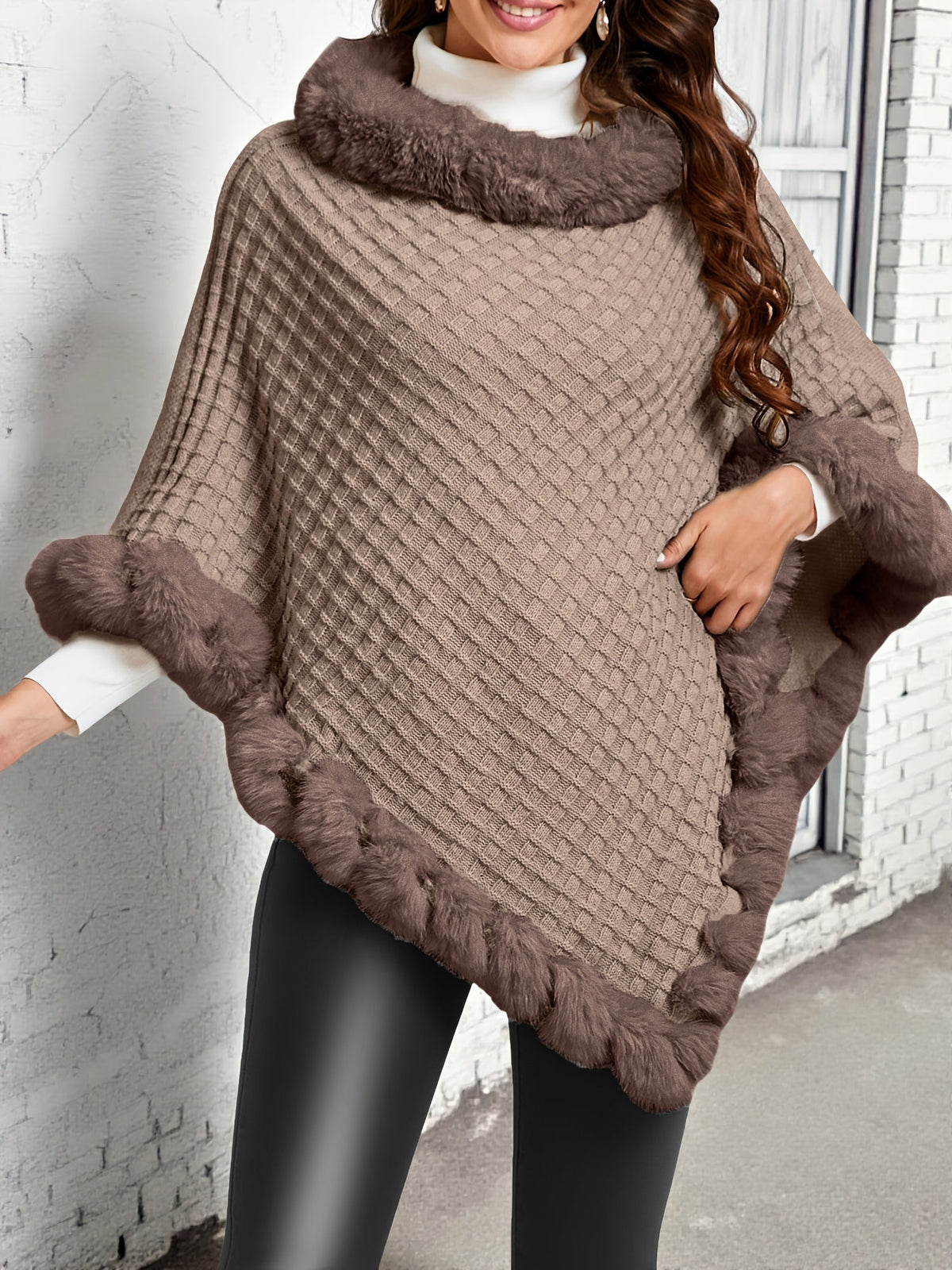 Women's Waffle Knit Shawl Poncho with Faux Fur Trim - Elegant Sleeveless High Neck Pullover, Solid Color Warm Cape Wrap for Fall Winter, 8 Colors One Size