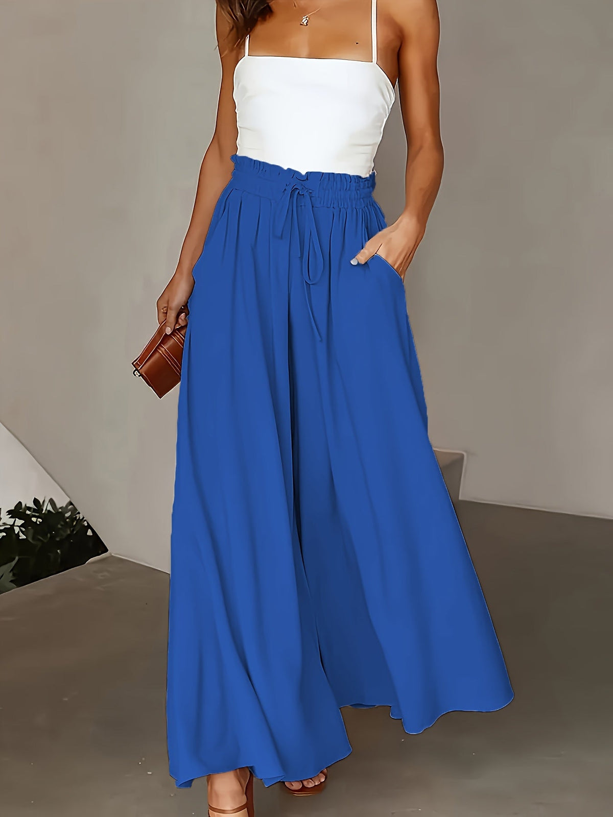 Women's High-Waist Wide-Leg Pants – Elegant Loose Fit Solid Color Flowy Trousers with Pockets for Spring Summer Office Casual
