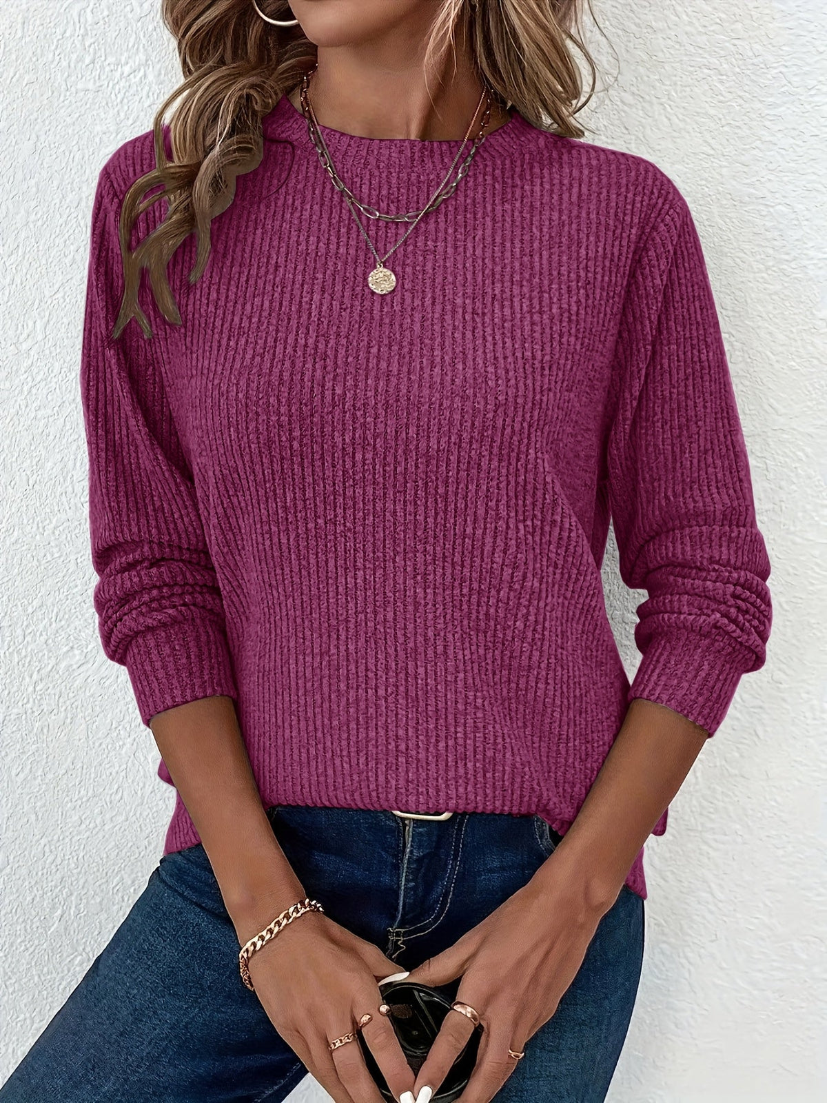 Women's Solid Color Ribbed Fleece Round Neck Long Sleeve Top – Cozy Stretch Pullover for Spring, Summer & Layering
