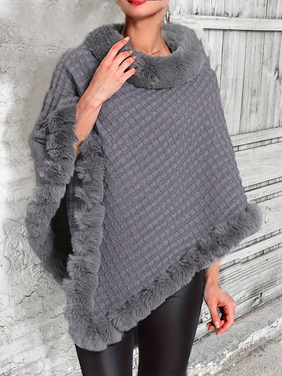 Women's Elegant Faux Fur Collar Cape Coat – Suede PU Plush Fur Trim Solid Color Winter Outerwear for Everyday & Formal Events