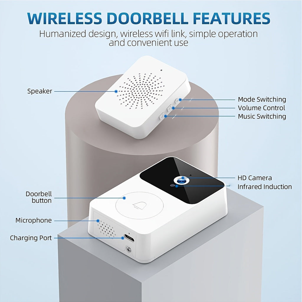 Wireless Video Doorbell Camera with HD Night Vision, Motion Alerts & Two-Way Audio – Smart WiFi Doorbell, Remote Mobile View, Voice Changer, Rechargeable Battery, 2.4GHz, Home Security