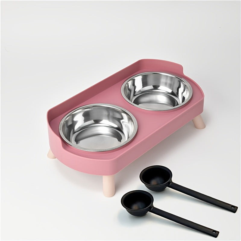 2-in-1 Cat Feeder and Water Dispenser with Stainless Steel Dual Bowl - Non-Slip Easy-Clean Pet Food & Water Station with Cute Cat Design, Healthy Hydration & Feeding Set for Cats & Small Dogs, Multiple Color Options