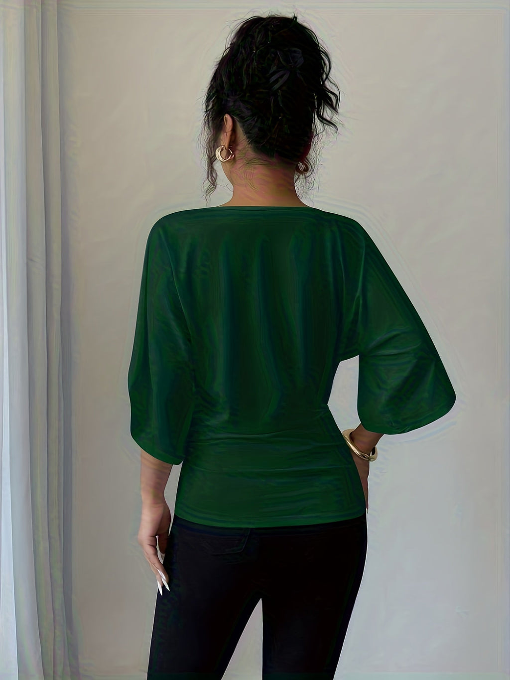 Women's V-Neck Batwing Sleeve Knit Top - Casual Loose Fit Three Quarter Sleeve High Waist T-Shirt Blouse for Spring Summer Fall, Versatile Mid-Length Pullover Top, White Black, Sizes XS-XL
