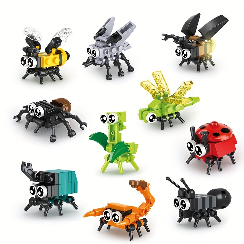 Insect Building Blocks Set 10 Pieces - Small Particle Animal Model Bricks with Bee Ladybug Firefly Dragonfly Spider Scorpion, STEM Educational Toy for Kids Boys and Girls, Birthday Christmas Gift