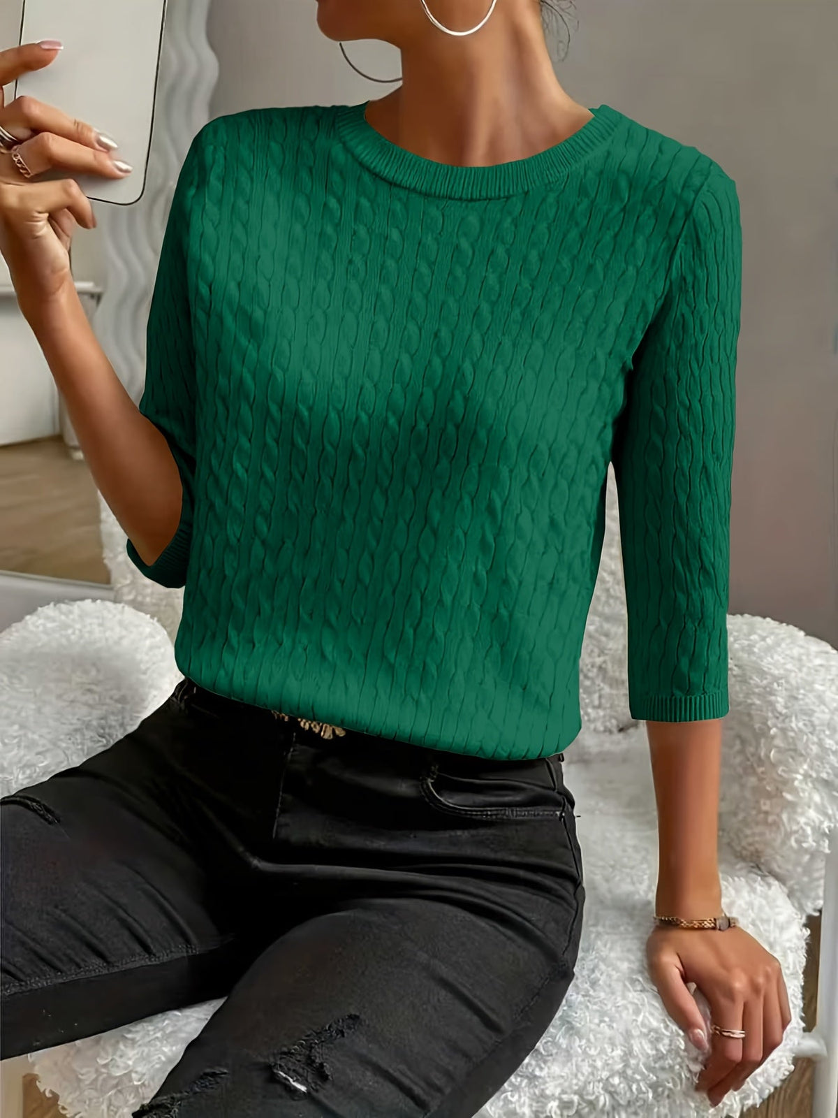 Women's Ribbed Three-Quarter Sleeve Pullover Sweater – Round Neck Solid Color Knit Top for Fall & Winter, Soft Stretch Versatile Everyday Style