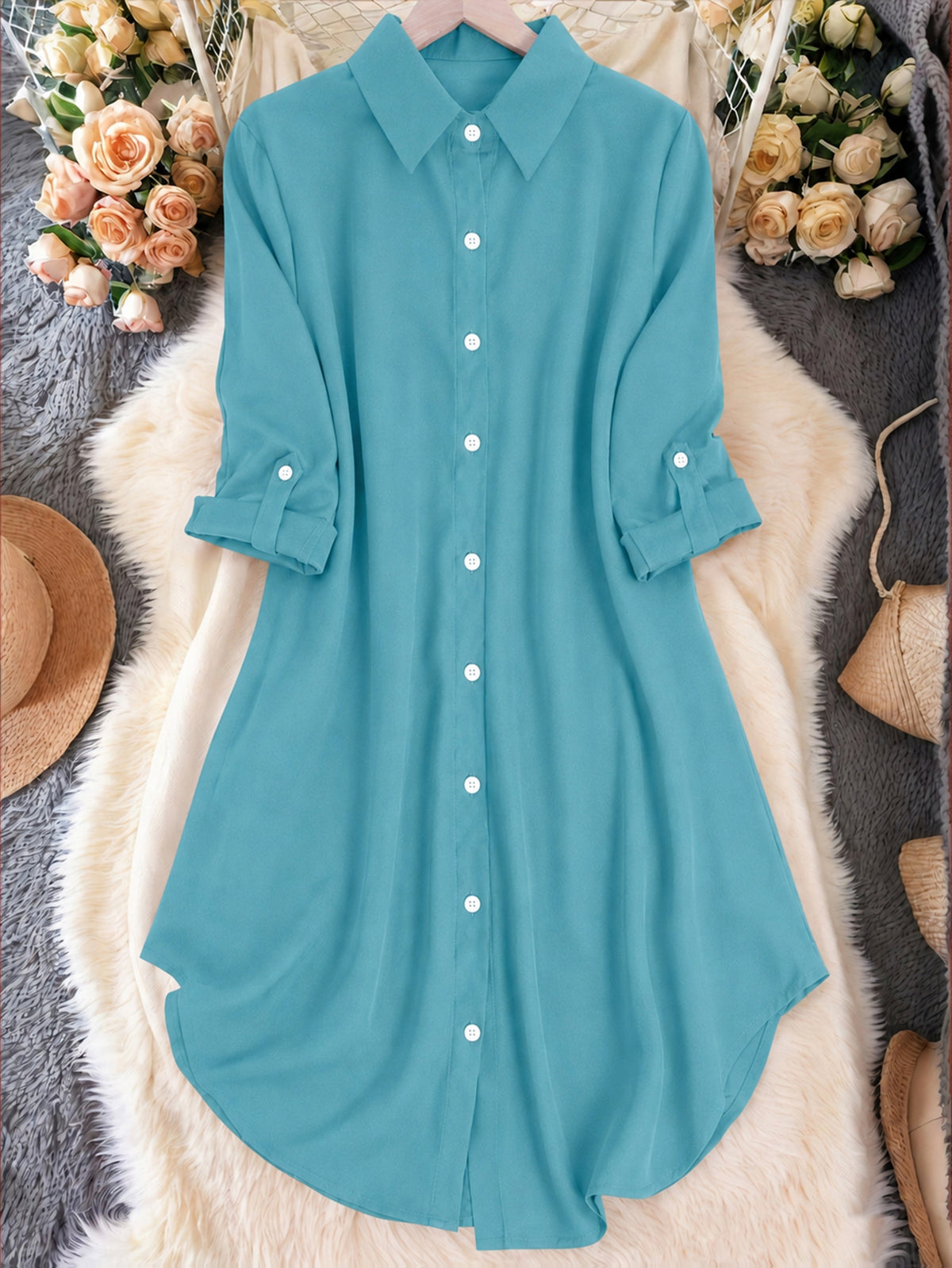 Women's Casual Lapel Shirt Solid Color Mid-sleeve Blouse All Season Versatile Loose Fit Button Down Top for Women