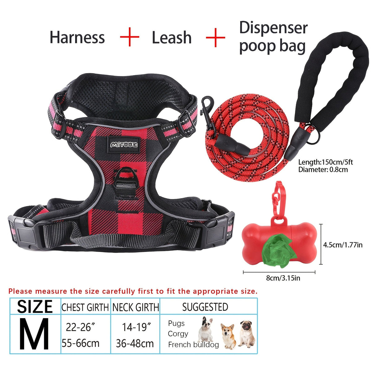 4-Piece Dog Harness and Leash Set No-Pull No-Choke Reflective Oxford Vest Harness with Leash Poop Bag Dispenser Easy Control Handle for Medium Large Dogs Outdoor Training Walking