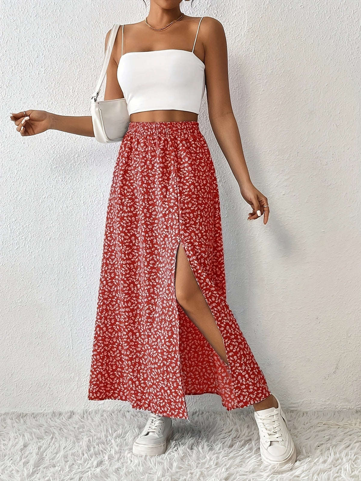 Women's Floral Maxi Skirt - Flowy Long Skirt with Side Slit, Red Ditsy Print, 95% Polyester Stretchy Fabric, Elegant Casual Dress Skirt for Spring Summer Fall