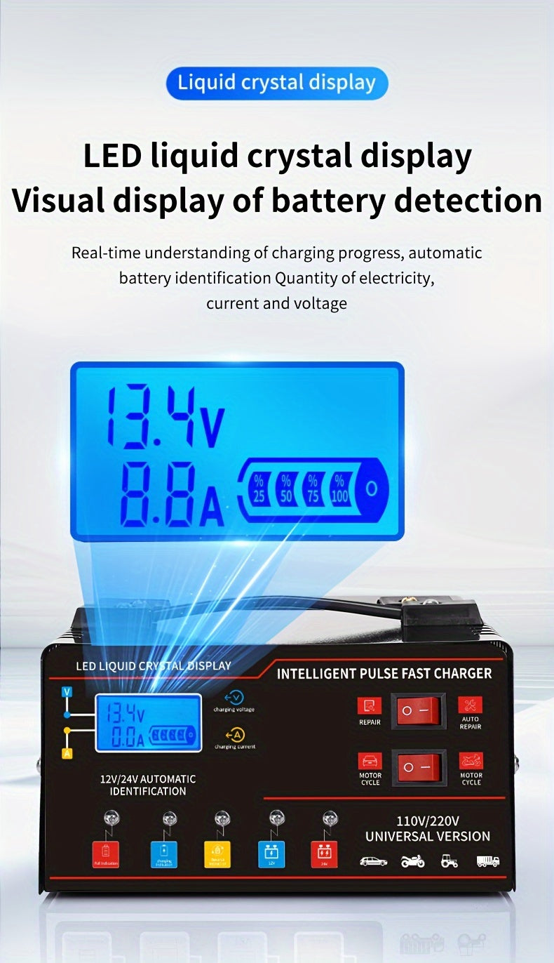 Smart Universal Battery Charger 12V 24V with LCD Screen Pulse Repair Trickle Maintainer for Car Truck Motorcycle Boat Lawn Mower Harvester – Automatic Temperature Regulation