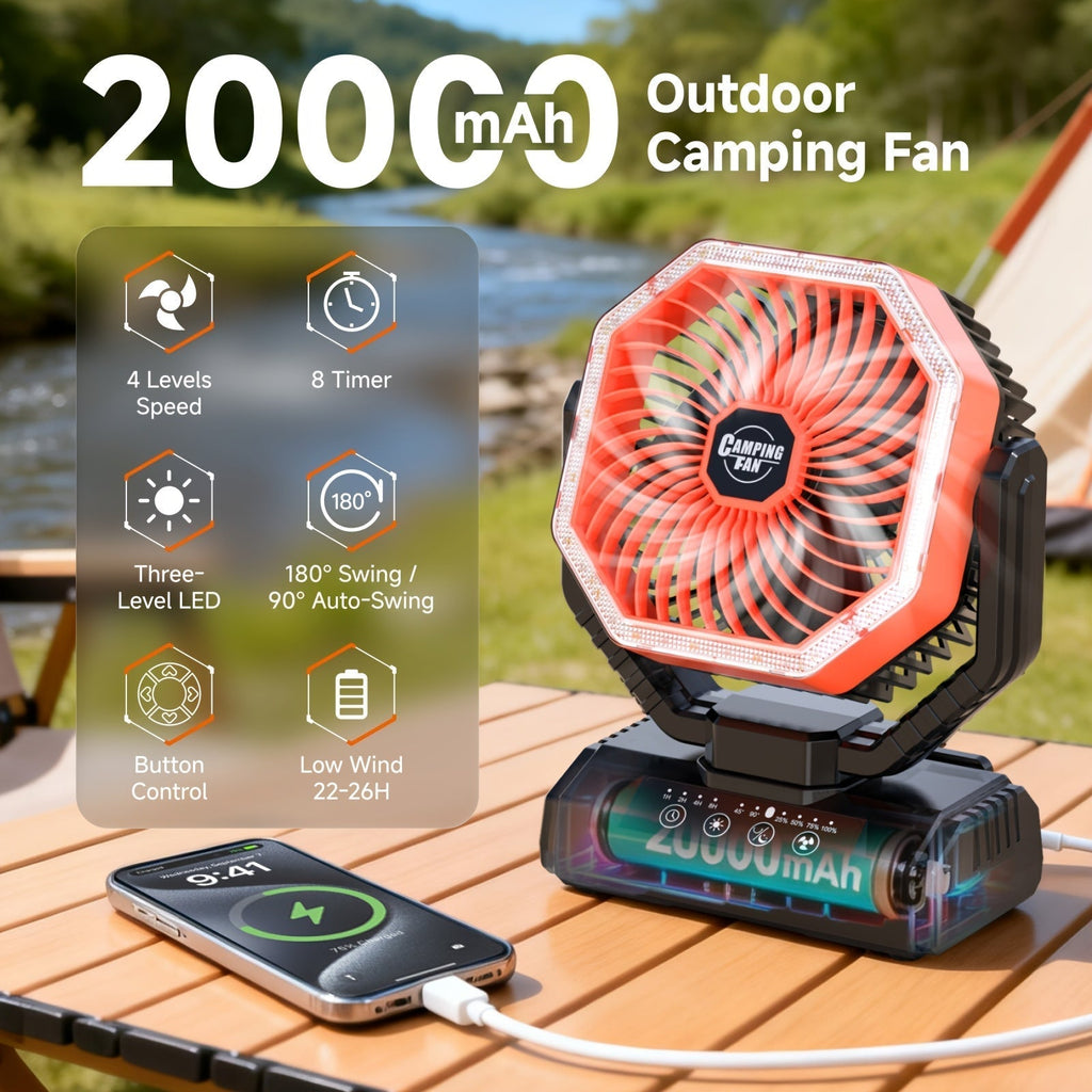 20000mAh Camping Fan with LED Light & Remote Control – 4-Speed Brushless Motor, 180° Oscillating Portable Outdoor Fan, 22-26 Hour Battery Life, 40 LEDs, Timer – for Camping, Hiking, Tent, Emergency & Home Use
