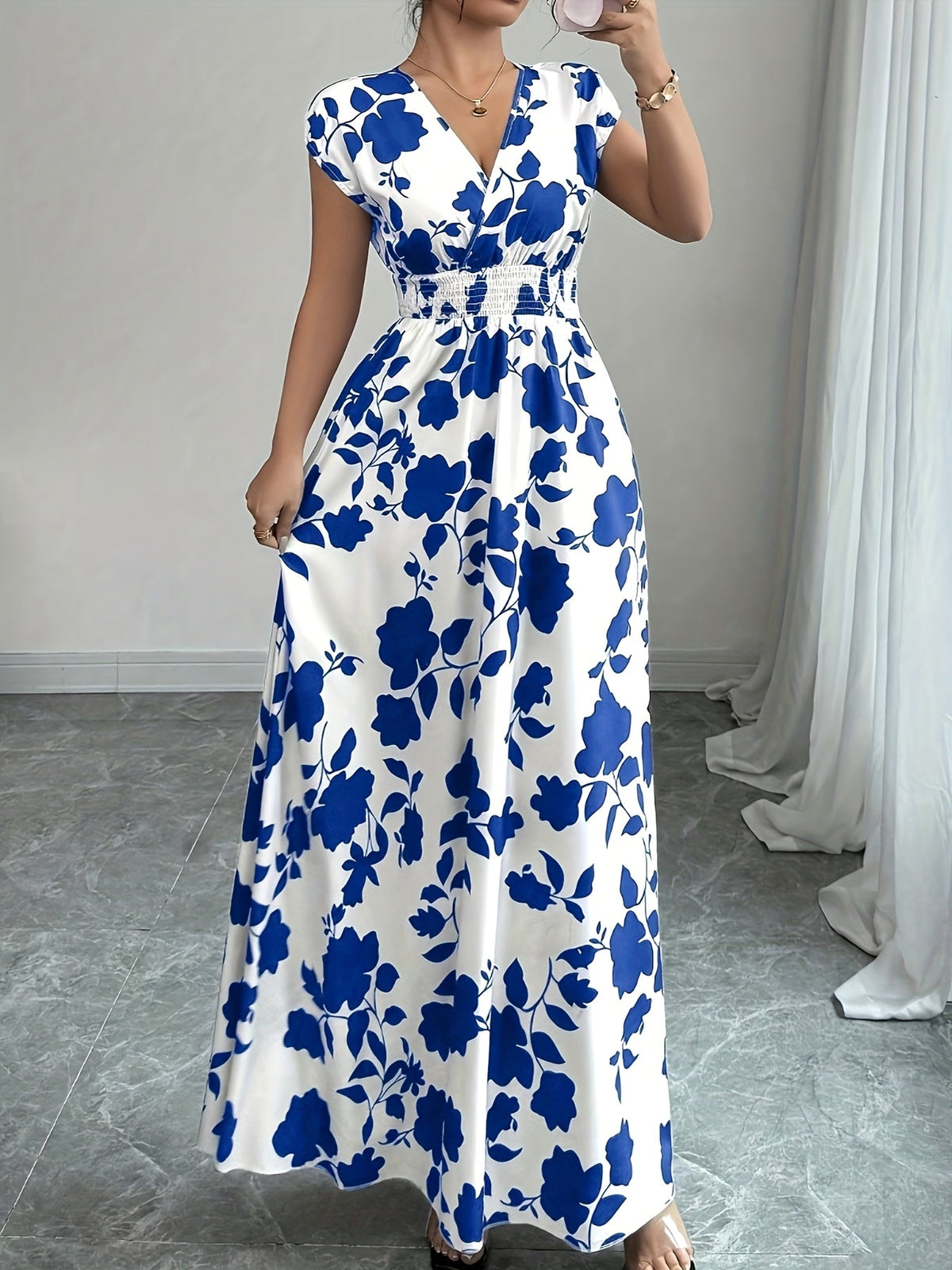 Women's Pink Floral Maxi Dress - V-Neck Short Sleeve Cinched Waist A-Line | Elegant Casual Formal Spring Fall Flowing Dress New Arrival