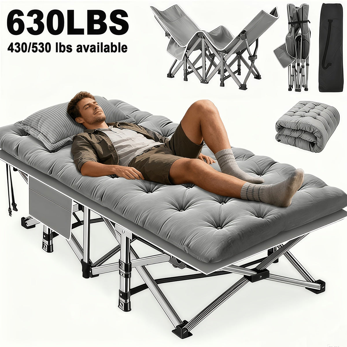 Heavy Duty Folding Bed with Optional Mattress up to 630 LBS – Portable Camping Cot with Multi-Leg Support, Side Pockets & Pillow, 59–77 Inch All Season Guest Napping Bed Space Saving