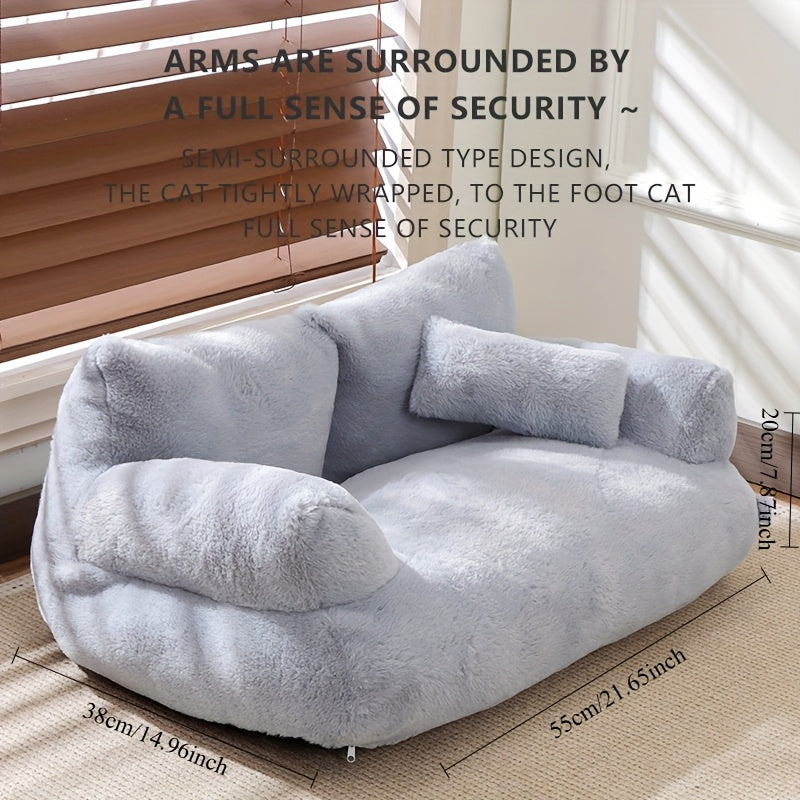 Small Pet Sofa Bed with Pillow for Cats & Dogs - Cozy Plush Kitten Puppy Nest Couch, Removable Machine Washable Cover, Non-Slip Bottom, All-Season Dual-Purpose Cat Dog Sofa Bed 21.65x14.96x7.87 Inch