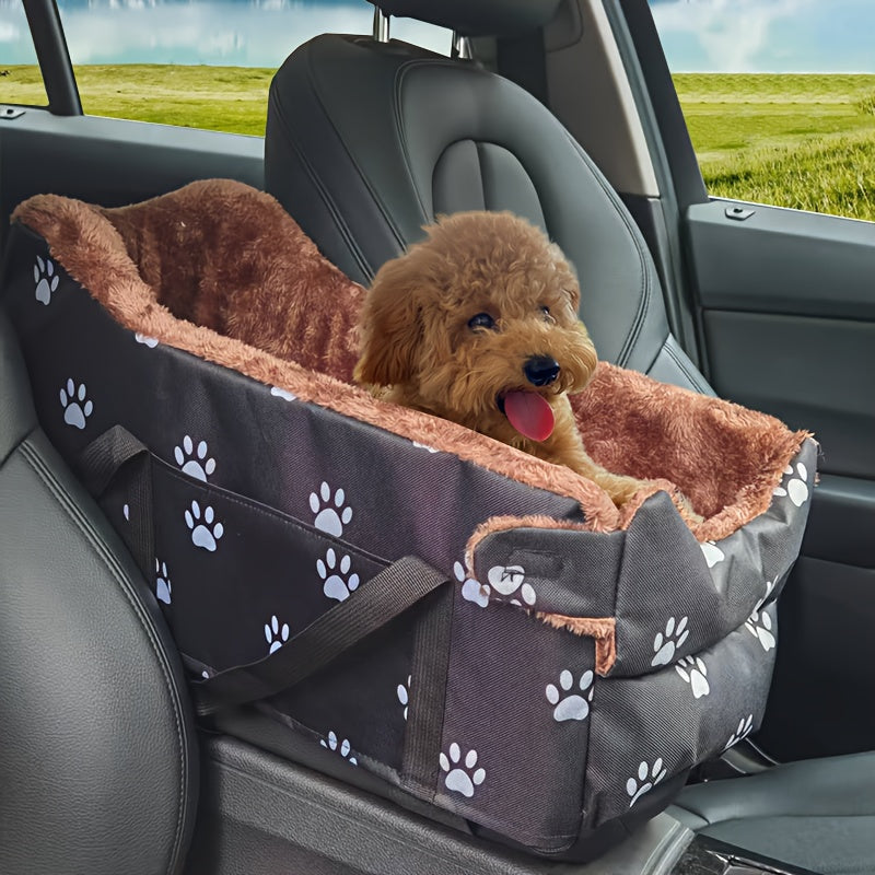 Pet Car Armrest Console Nest - Portable Backable Small Dog Cat Car Seat Bed, Center Console Pet Nest with Paw Print Design, Cozy Travel Companion for Small Pets, Black & Grey Footprints