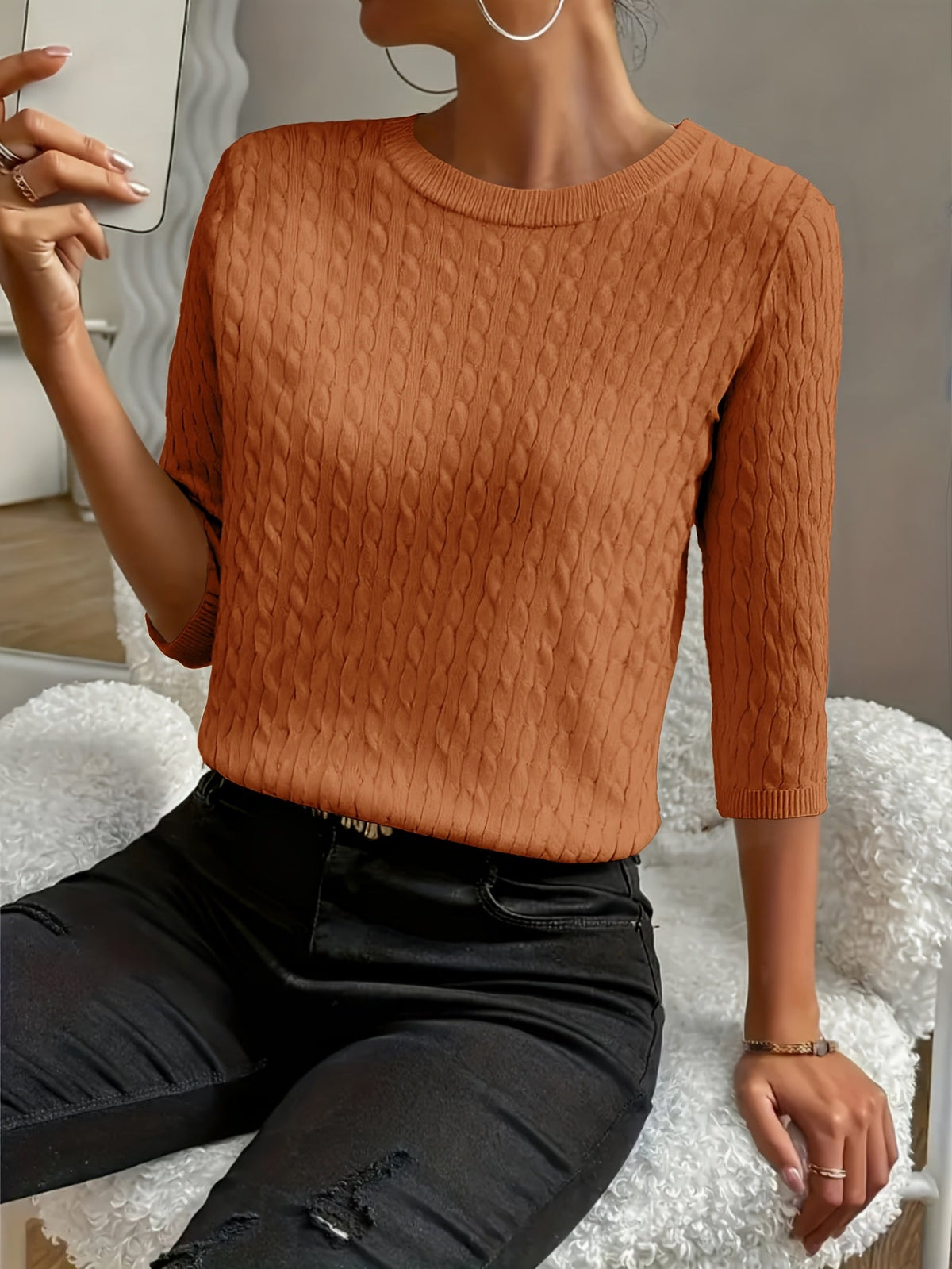 Women's Ribbed Three-Quarter Sleeve Pullover Sweater – Round Neck Solid Color Knit Top for Fall & Winter, Soft Stretch Versatile Everyday Style