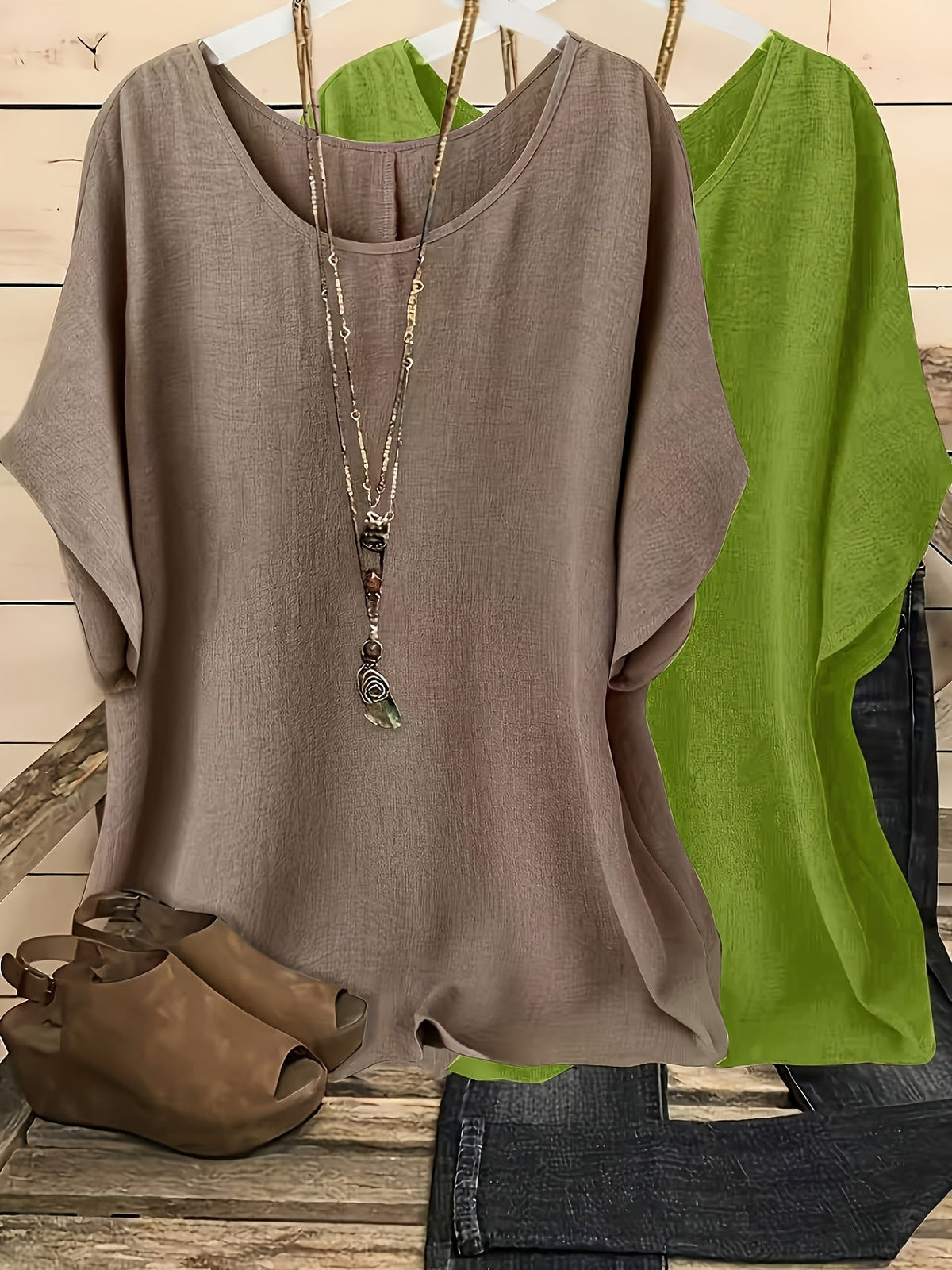 Women's Batwing Sleeve Shirt 2pcs Set Casual Vacation Round Neck Solid Color Loose Top S-XXL Multiple Colors | US Warehouse Fast Shipping