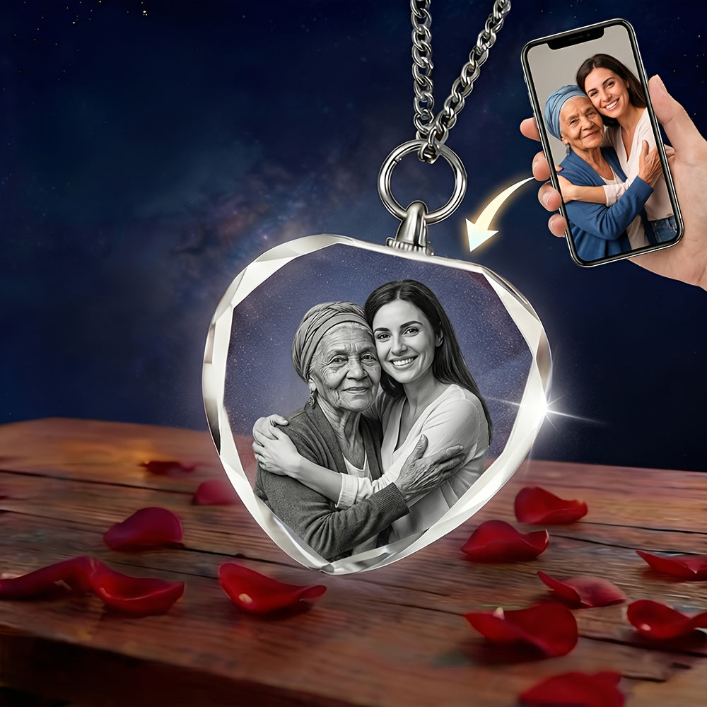 Custom Photo Engraved Crystal Pendant Necklace - Personalized Pet Memorial Keepsake Jewelry for Dog & Cat Lovers, Custom Text & Icon Engraving, Birthday Gift for Wife Mom Pet Owner, Pet Loss Remembrance