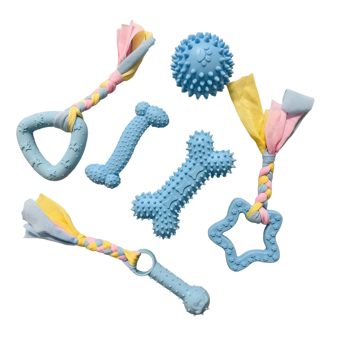 Dog Chew Toys Set of 6 Durable Rubber Interactive Teething Toys for Dogs Puppy Teeth Cleaning Chewing Toys for Aggressive Chewers Small Medium Large Breeds – Color-Themed Pet Dental Chew Toy Bundle