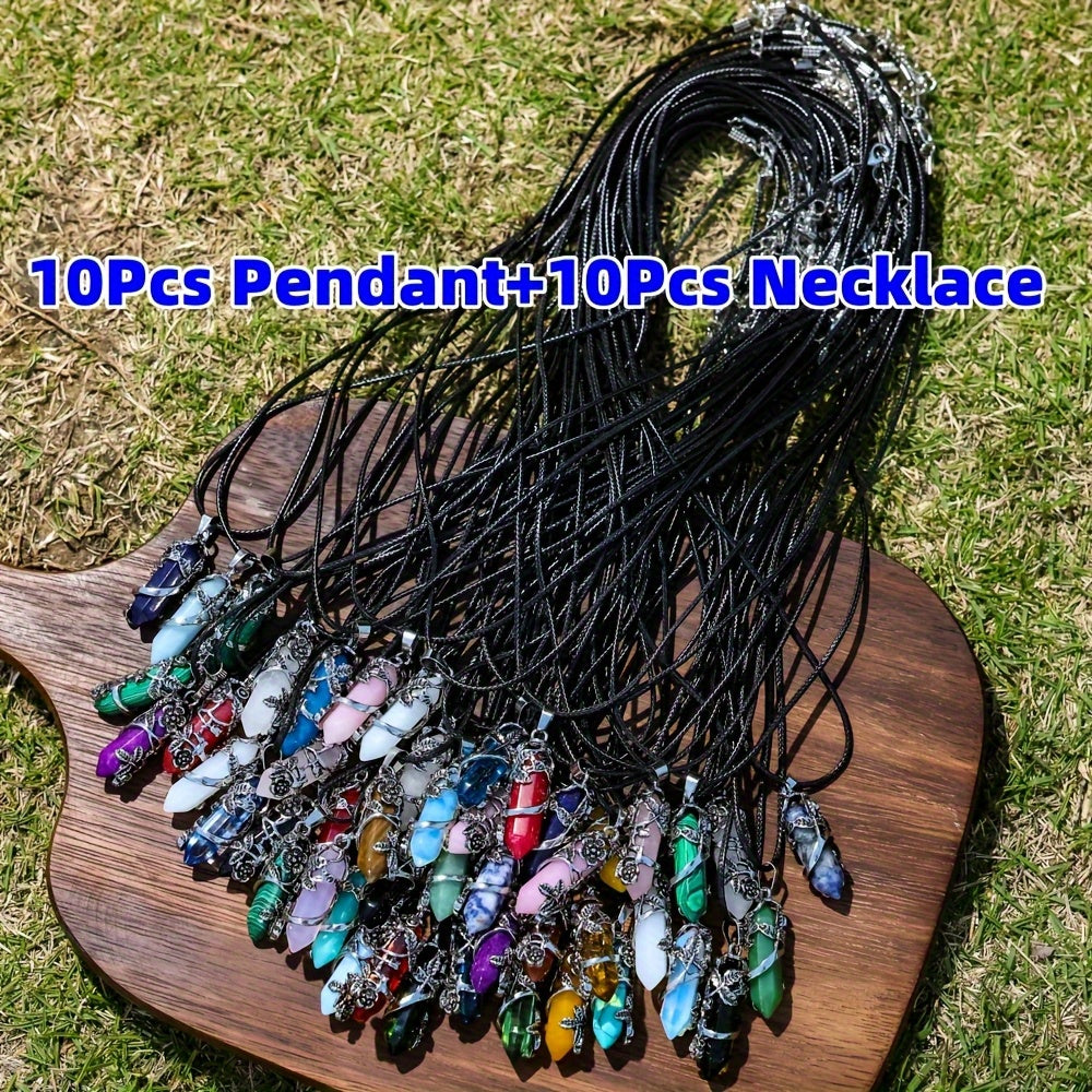 20pcs Natural Stone Hexagon Prism Pendant Necklace DIY Kit 10 Wrapped Flower Pendants and 10 Faux Leather Ropes Boho Handmade Jewelry Casual Accessories Gift