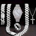Men's Hip Hop Rhinestone Bling Watch Set with Waterfall Chain Bracelet & Necklace – Sparkling Quartz Watch Jewelry Set for Men, 3pc & 5pc, Perfect Holiday Gift