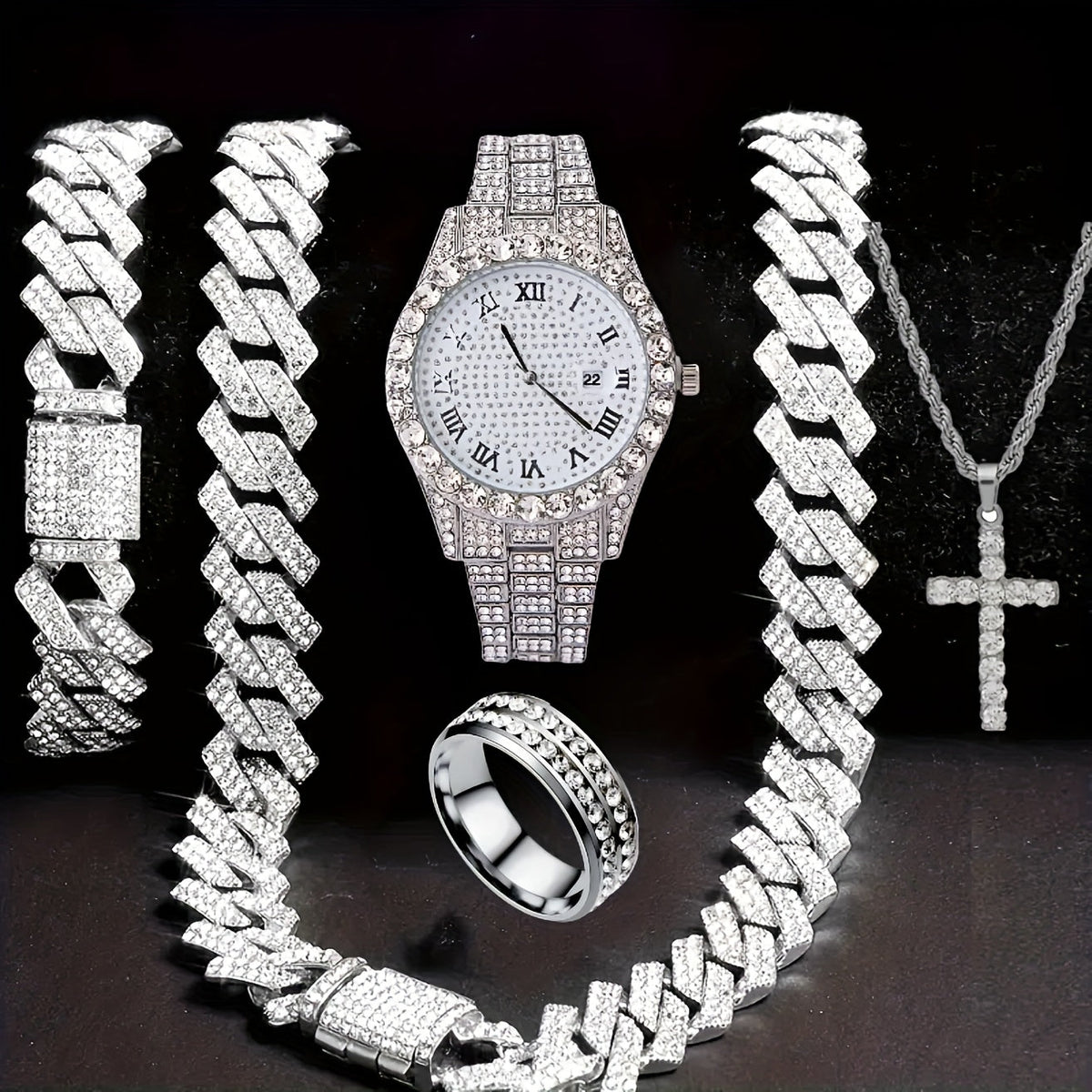 Men's Hip Hop Rhinestone Bling Watch Set with Waterfall Chain Bracelet & Necklace – Sparkling Quartz Watch Jewelry Set for Men, 3pc & 5pc, Perfect Holiday Gift