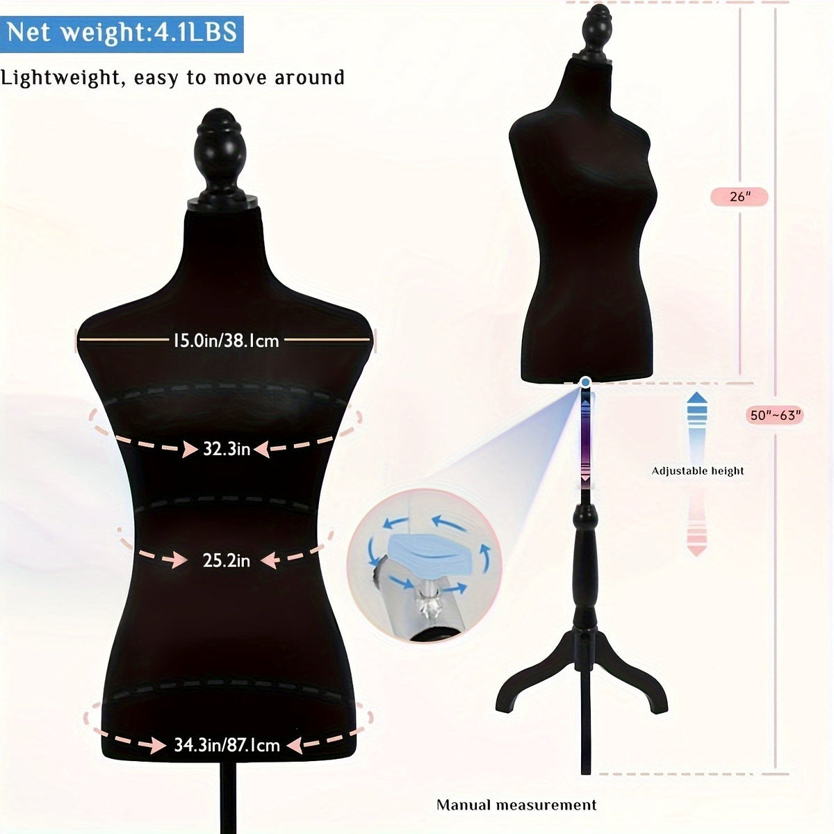 Dress Form Mannequin Torso with Tripod Stand, Adjustable Height 50-63 Inch, Portable Female Body Form for Sewing, Clothing Display, Fashion Design & Photography – 4 Colors Available