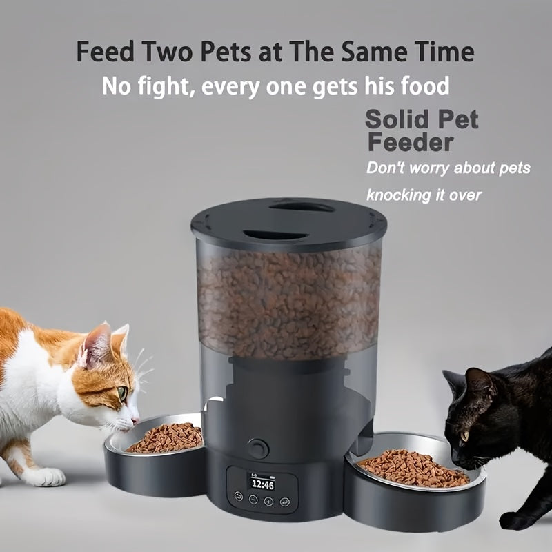 Automatic Cat Feeder 3L Dual Bowl – 102.5oz Timed & Portion-Controlled Pet Food Dispenser for Cats & Dogs, 1-6 Meals Per Day, Anti-Clog Push-Button, Battery Operated, Black