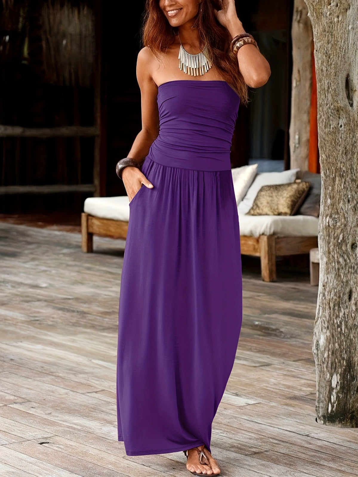 Strapless Bandeau Maxi Dress with Pockets for Women – Waist-Cinching Stretch Casual Summer Long Dress in Solid Colors S-XXL