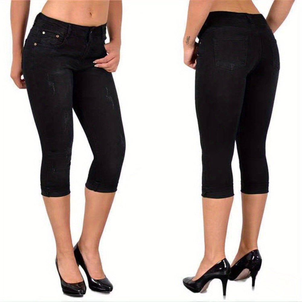 Women's Stretch Skinny Capri Jeans – Slim Fit Cropped Denim Pants with Elastic Waistband, Soft Machine Washable Fabric, Street Style Summer Casual, 3 Colors, Sizes S-XXL