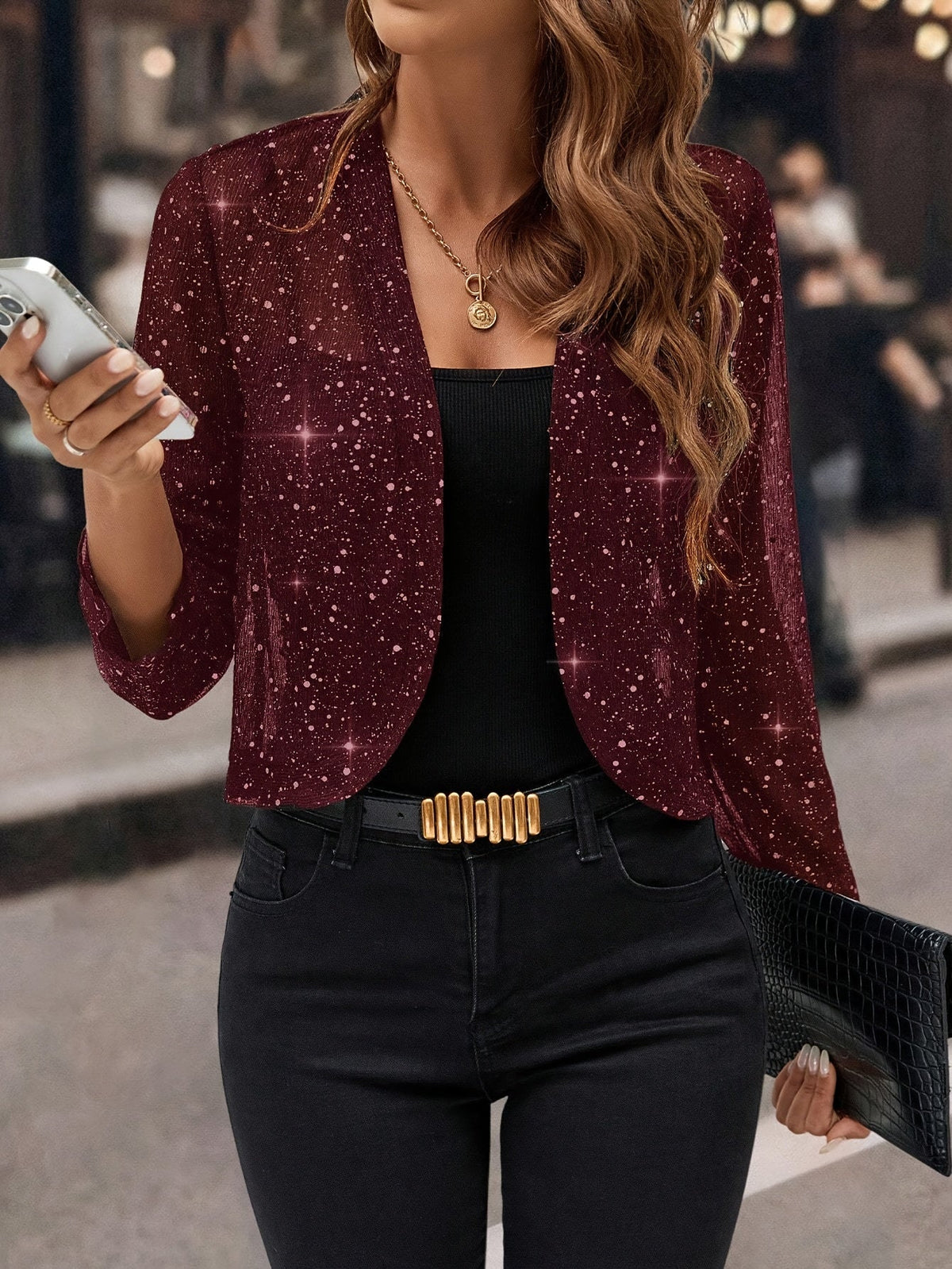 Women's Glitter Sequin Cropped Cardigan Jacket – Golden Foil Pleated 3/4 Sleeve Business Casual Blazer for Work Party