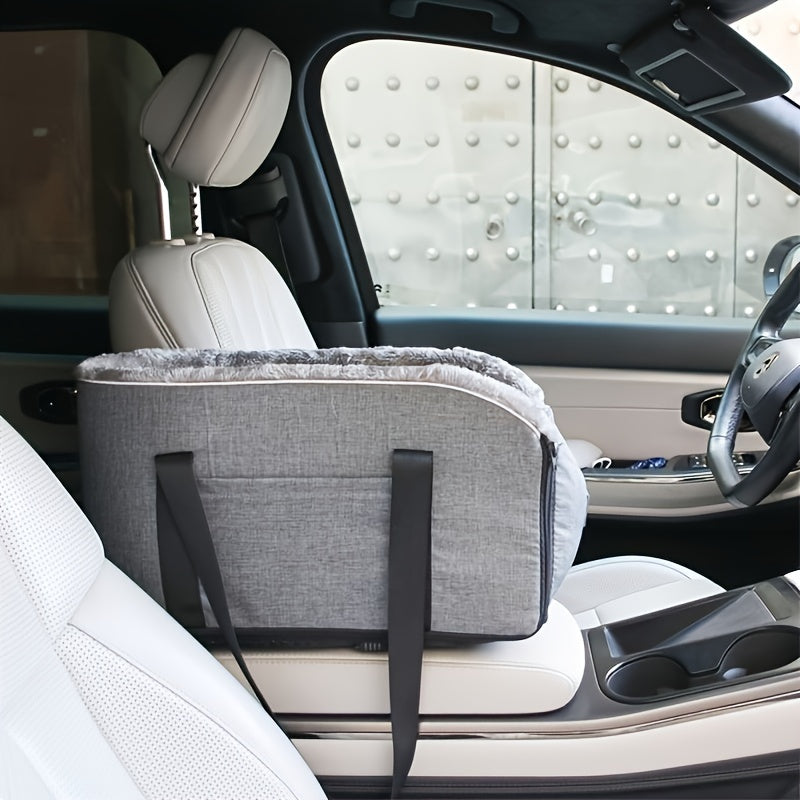Pet Car Center Console Armrest Bed & Nest - Removable Dog Cat Car Bed with Detachable Handbag, All-Season Small Pet Carrier for Car Console, Grey & Black, Cozy Travel Companion