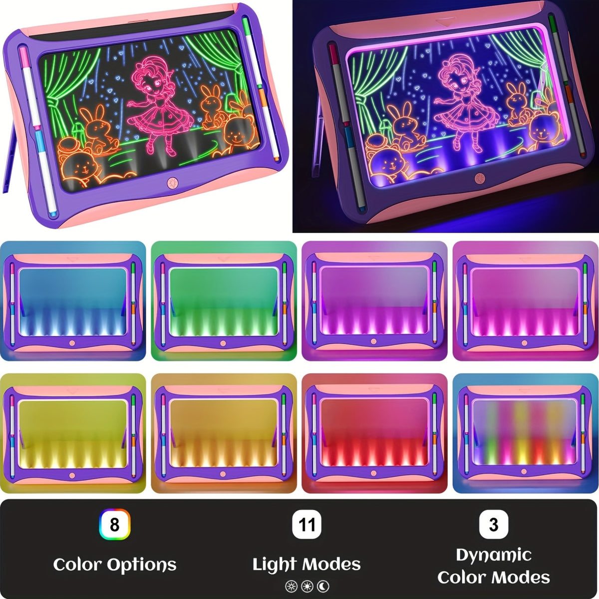 LED Light Up Drawing Board for Kids 8 Light FX Modes Doodle Tracing Art Set with 9 Double-Sided Cards 6 Washable Markers Flip Stand Creative STEM Toy Birthday Christmas Gift Girls Boys Ages 3-8