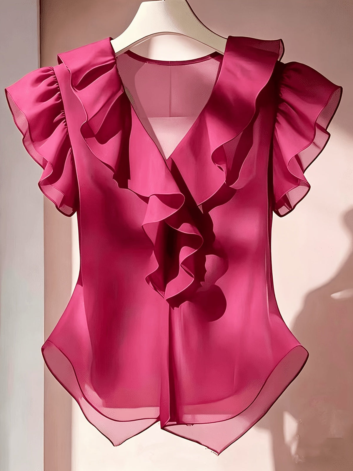 Women's French Ruffle Short Sleeve Chiffon Top – Solid Color Flyaway Casual Summer Blouse in 21 Colors, 100% Polyester Woven