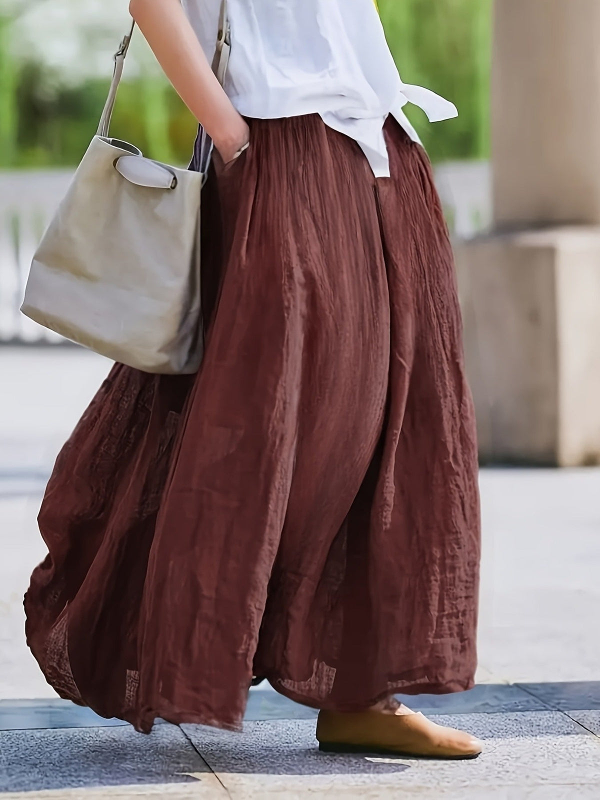 Women's Solid Color Retro Midi Skirt with Pockets Flared Hem Loose Fit Breathable 100% Polyester Spring Summer Fall Purple Burgundy Grey Blue Maroon Brown Green S M L XL XXL