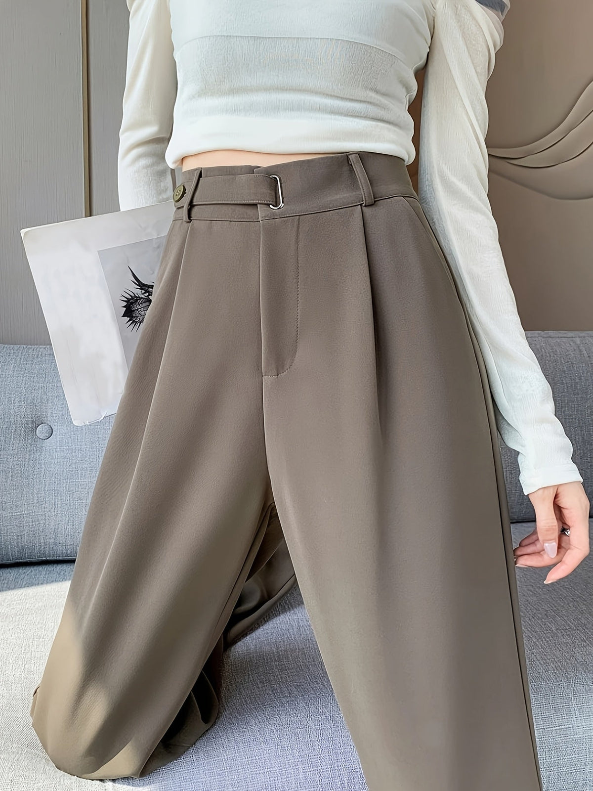 Women's High-Waist Wide-Leg Suit Pants Draped Straight-Leg Trousers Slim Fit Workwear Pants Belt-Free Office Casual Spring Summer Autumn Black Grey Apricot Champagne Wheat S-XXL