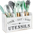 Rustic Wooden Kitchen Utensil Organizer with Handle & 3 Compartments – Countertop or Wall Mount Caddy for Cooking, Dining & Baking Tools – Farmhouse Kitchen Storage in White & Black