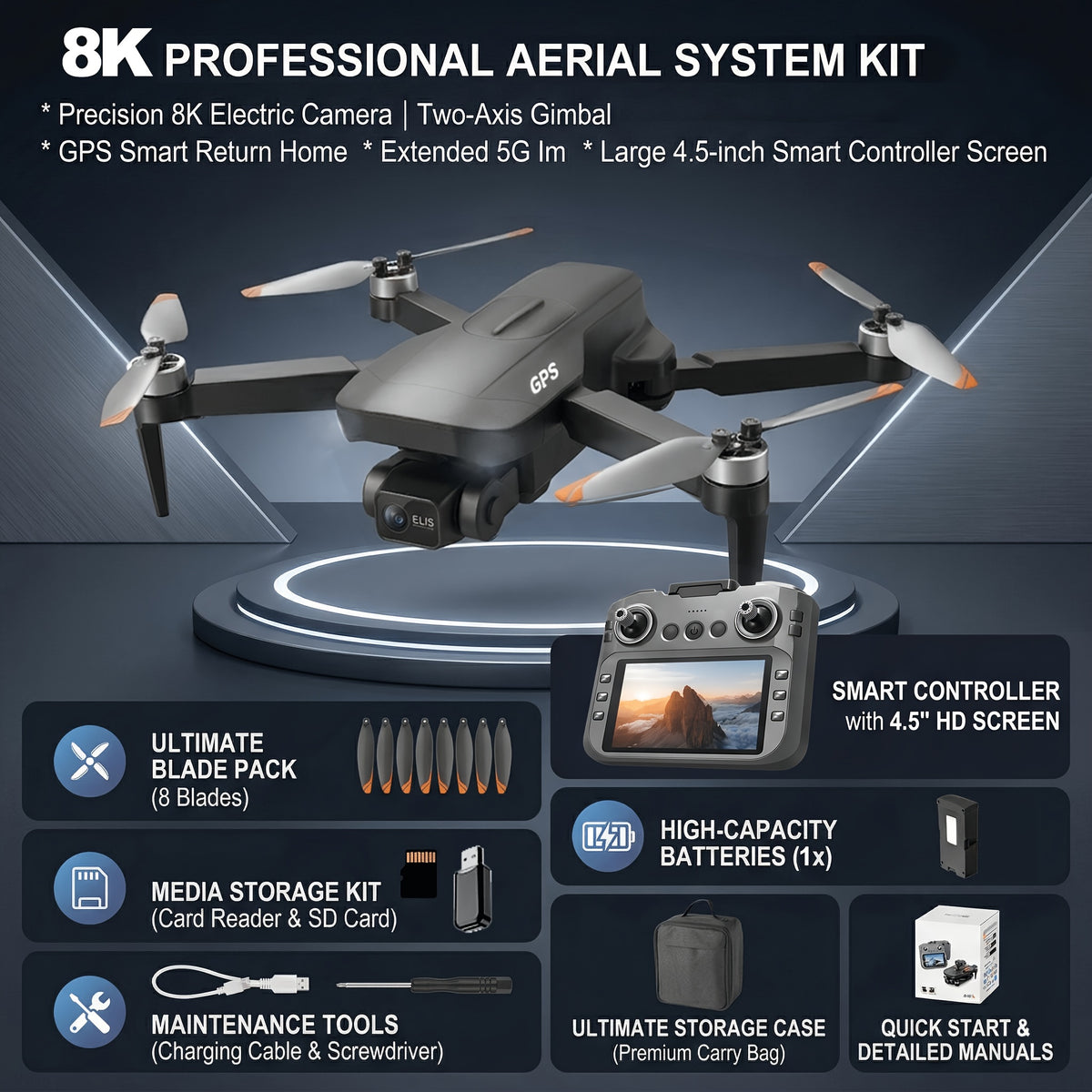 Pro 8K EIS Drone with 2-Axis Mechanical Gimbal, Optical Zoom, 5G Transmission, 4.5" Screen Remote, 40-Min Battery Life, 11811ft Control Range – Professional Aerial Camera Drone for Adults