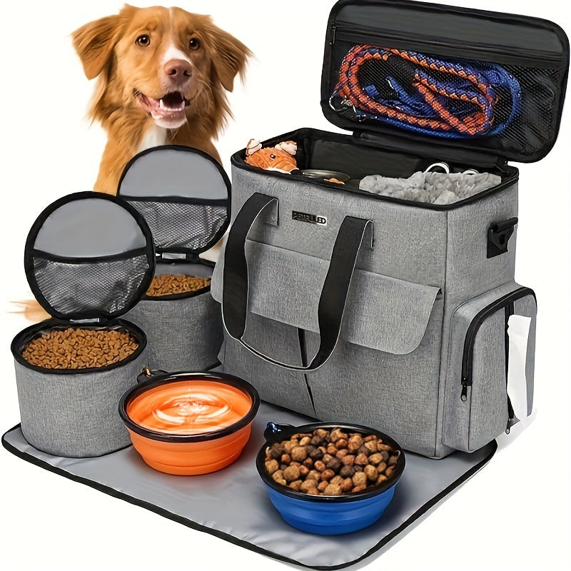Large 5-Piece Dog Travel Bag Set for Supplies - Weekend Pet Travel Organizer Tote for Dogs & Cats, Airline Approved, Multi-Function Pockets, 2 Food Containers & Bowls, 16x14x8in, 600D Cationic