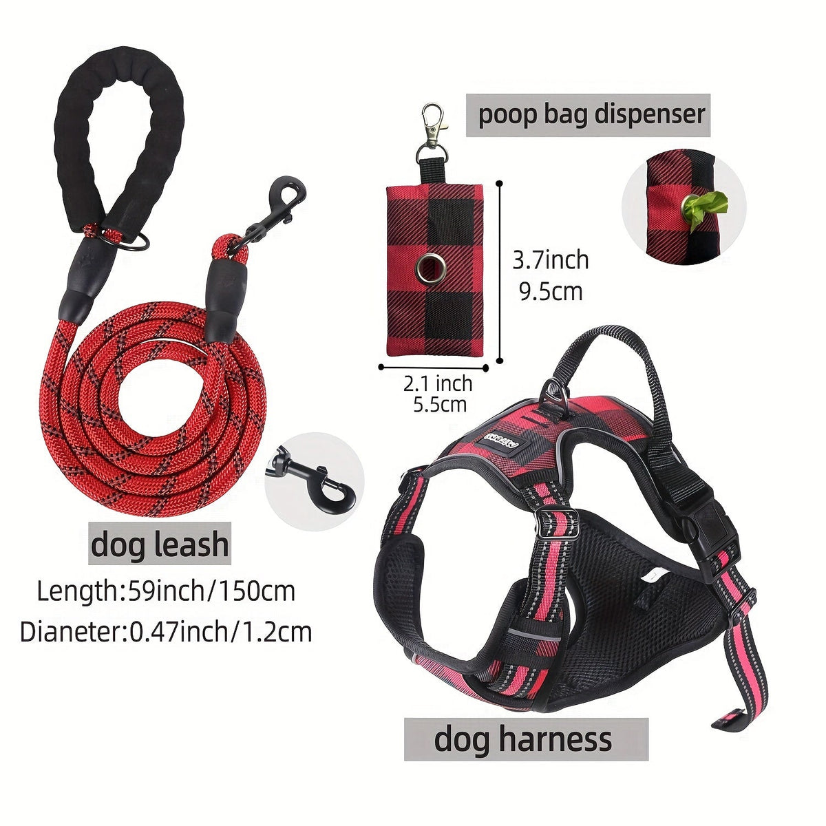 Dog Harness Leash and Poop Bag Dispenser Set 3-Piece Escape-Proof Adjustable Breathable Vest Harness for Medium Large Dogs with Reflective Strips – No-Pull Padded Dog Walking Kit with Waste Bag Holder