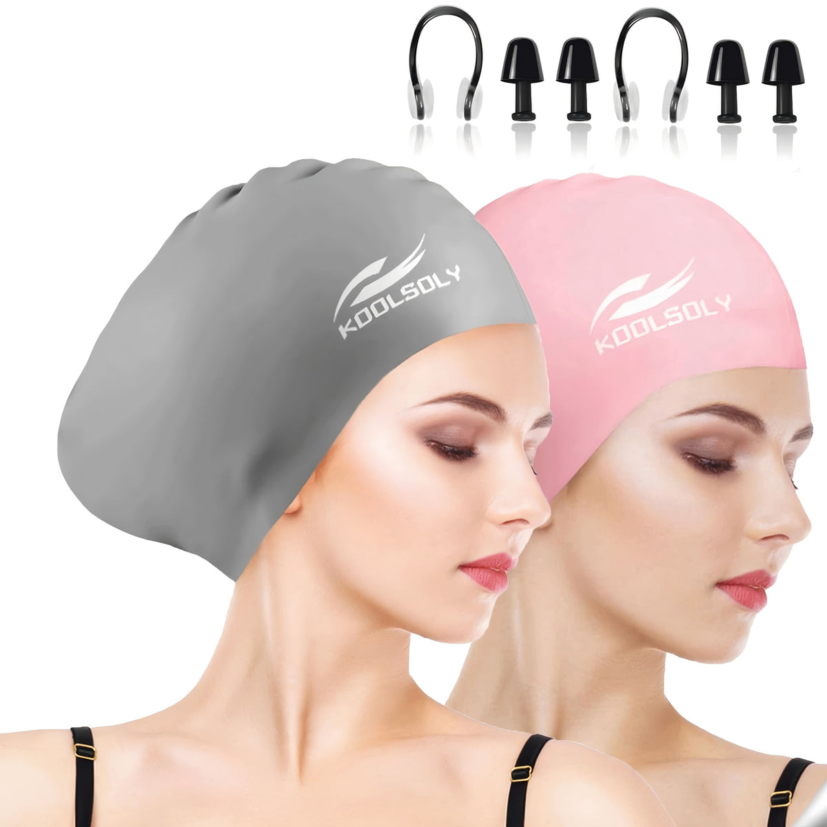 Silicone Swimming Cap 2 Pack with Ear Protection for Long Hair – Includes Earplugs & Nose Clip, Waterproof Swim Cap Set, 11 Color Options for Women Men Adults