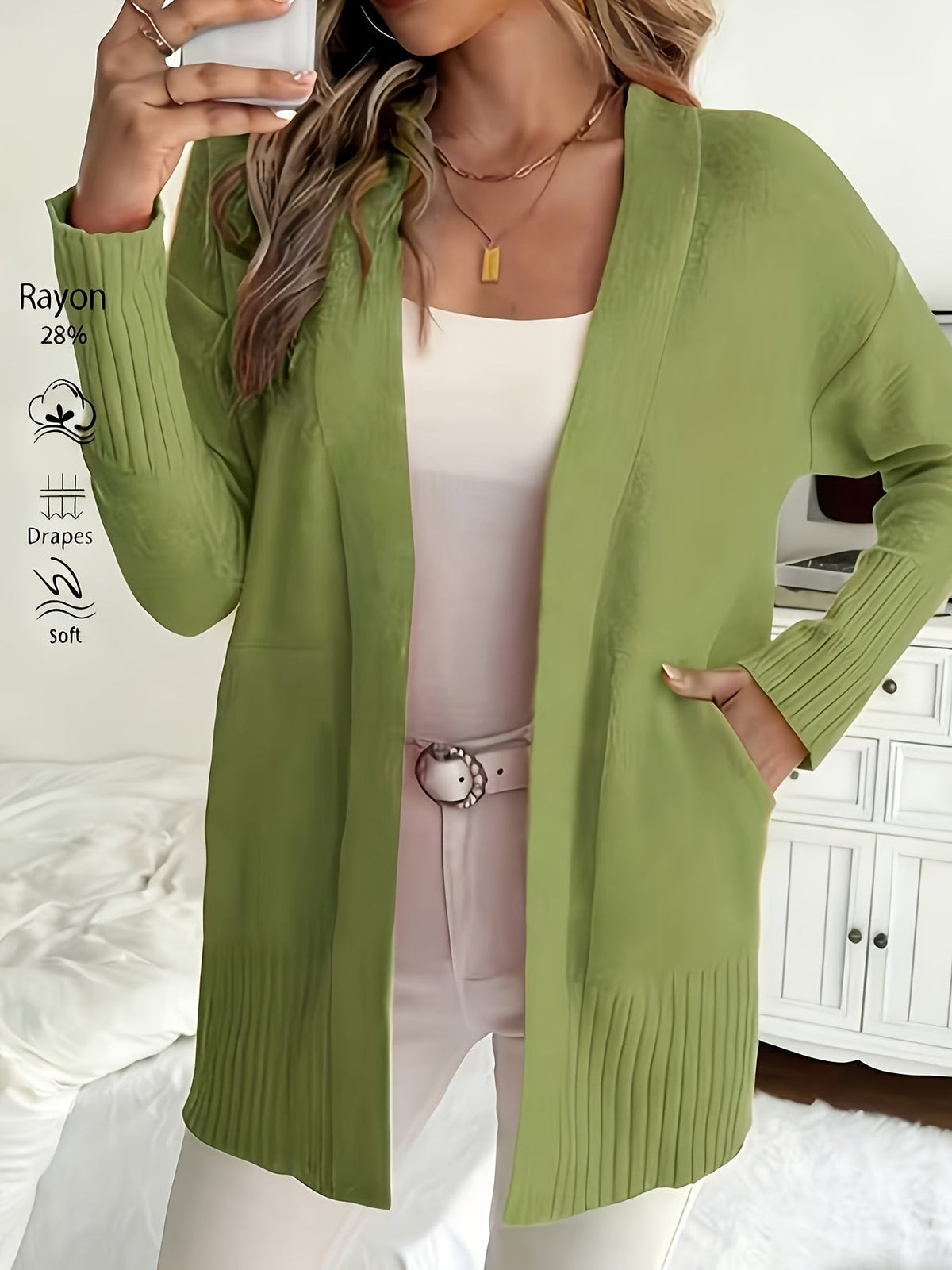 Women's V-Neck Drop Shoulder Long Cardigan Sweater – Loose Fit Soft Knit in 16 Colors for Autumn & Winter, 46% Acrylic 28% Viscose 26% Nylon