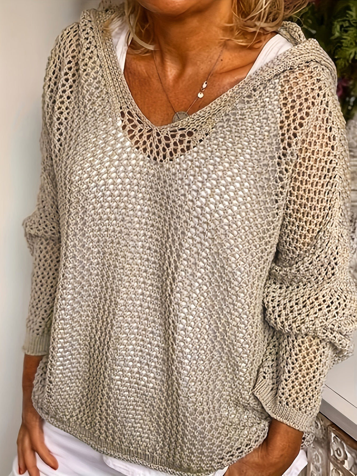Women's Western Style Loose Hollow Out Sweater Hoodie Top - Crochet Knit Pullover Open Knit Casual Boho Shirt Yellow Green Khaki Red Grey S M L XL XXL Spring Fall